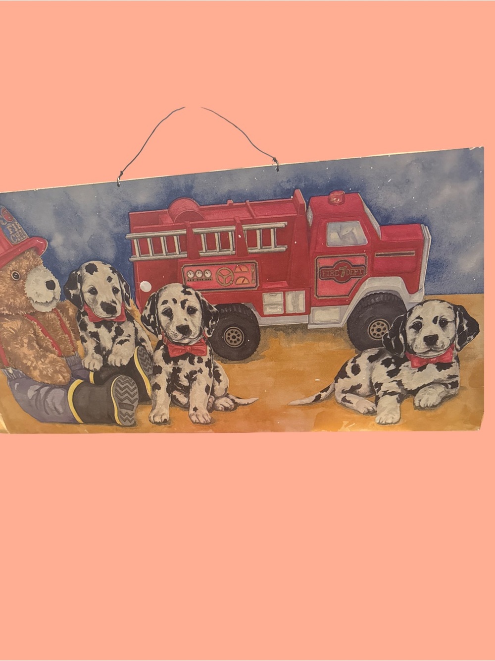 Dalmatian Puppies Fire Truck Wall Art - Red and Blue vintage
